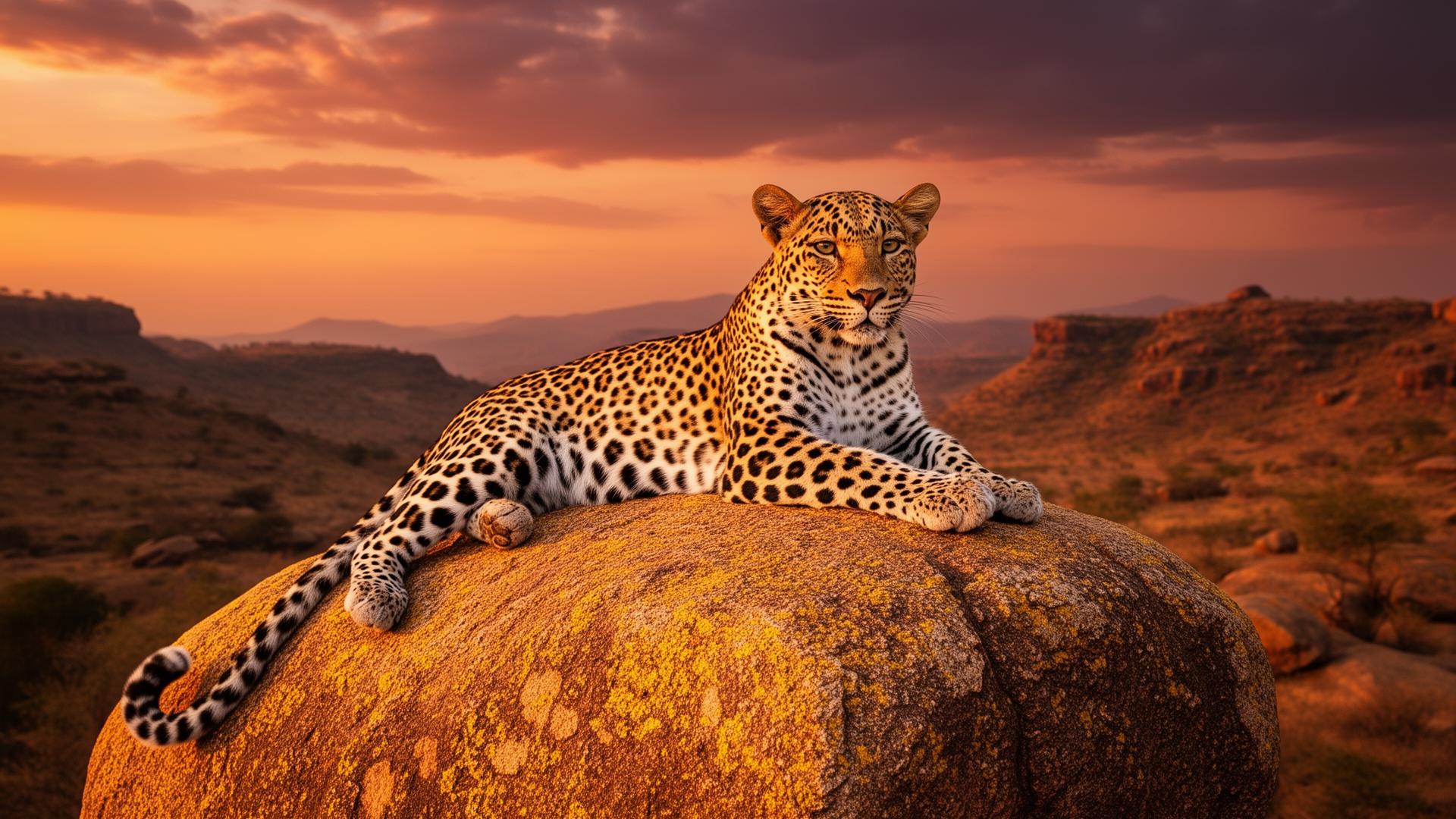 A leopard resting on a granite boulder at golden hour in Jawai, Rajasthan