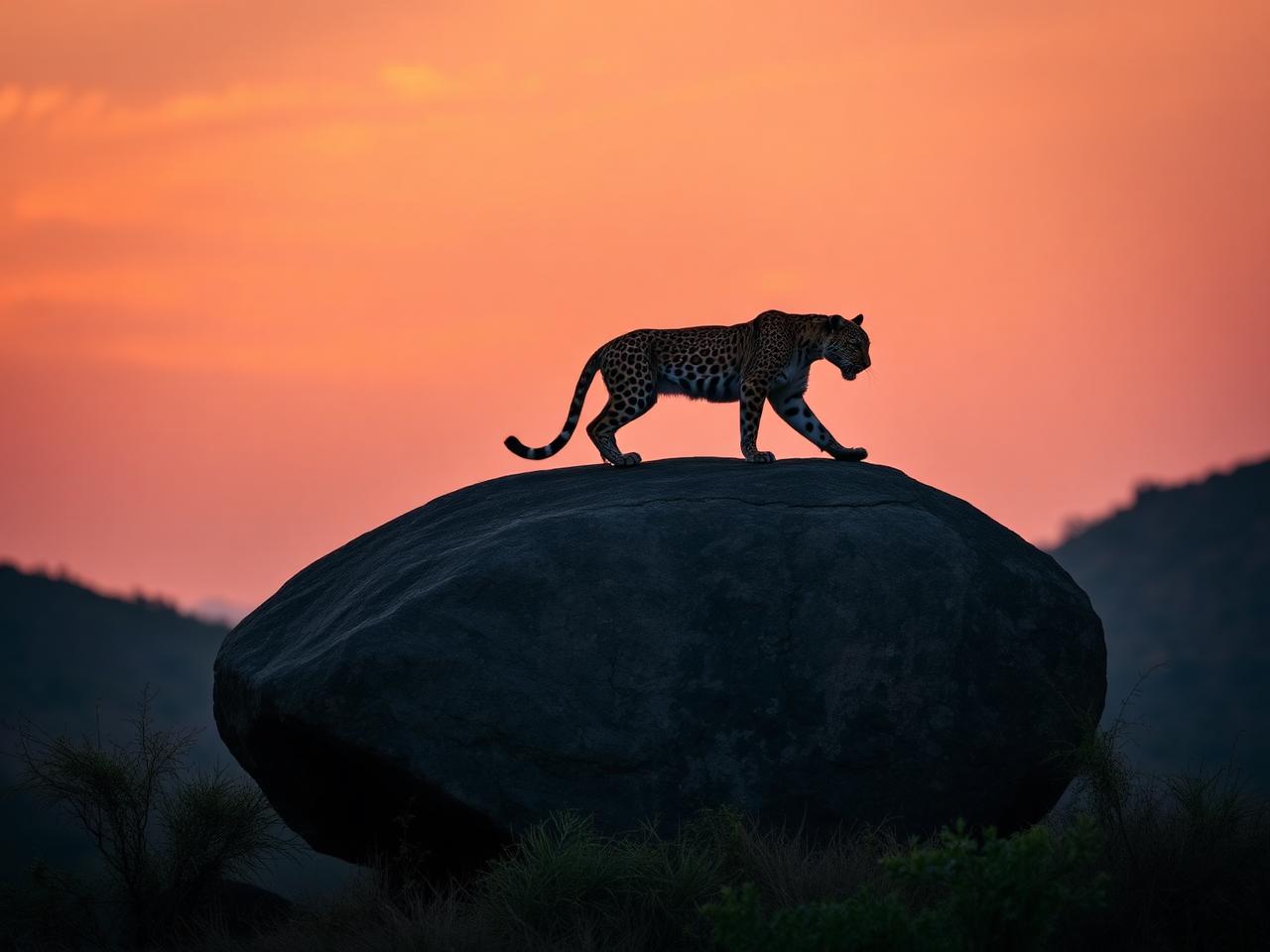 Leopard walking on a granite boulder at dusk