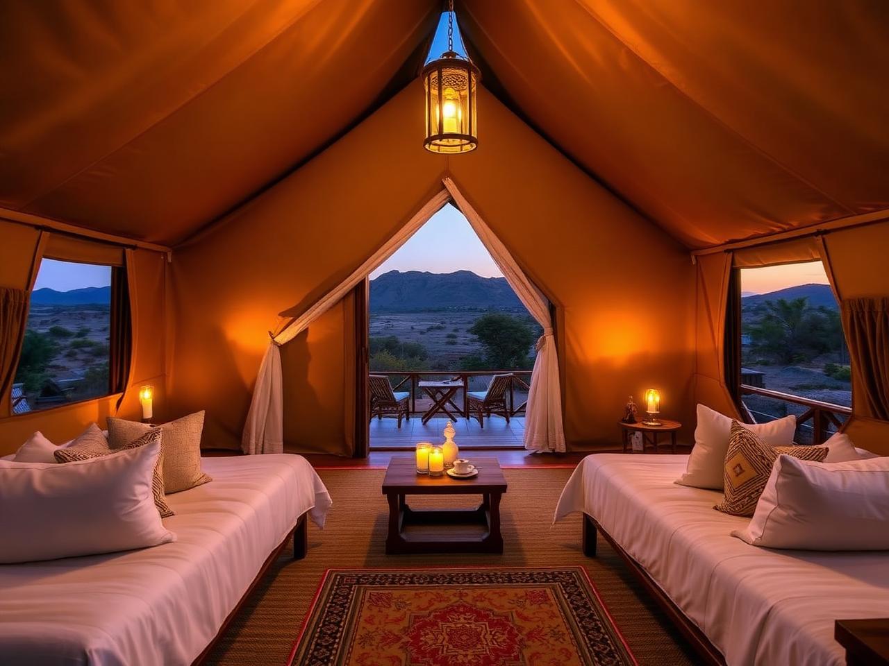 Luxury safari tent lodge interior at dusk